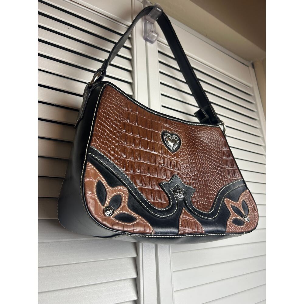 Croc Embossed Western Heart Shoulder Bag Black Tan Y2K Western Alt Indie Sleaze